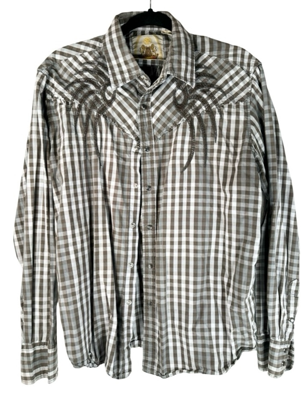 Platini Brown Check Plaid Western Tribal Embroidered Cotton Button Shirt Large